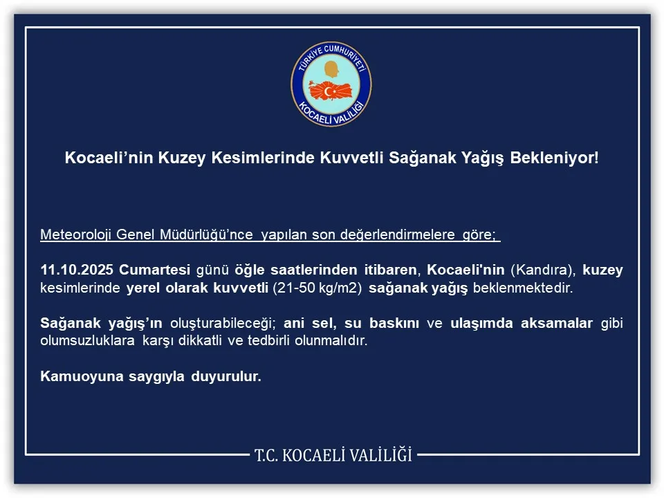  Kocaeli’nin Kuzey Kesimlerinde Kuvvetli Sağanak Yağış Bekleniyor!