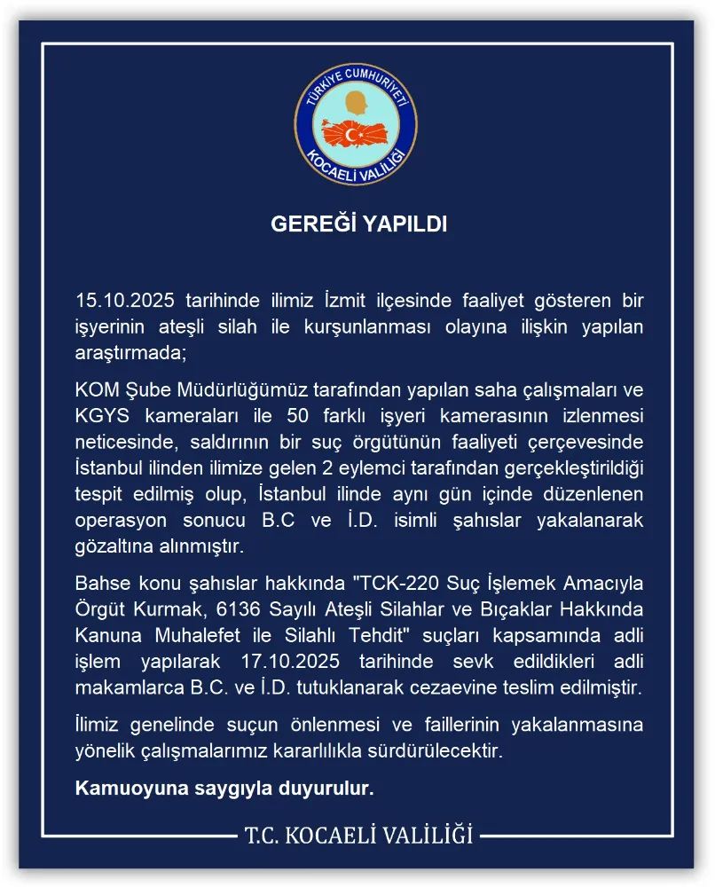 İŞ YERİNİ KURŞUNLAYAN ŞAHISLAR İÇİN GEREĞİ YAPILDI